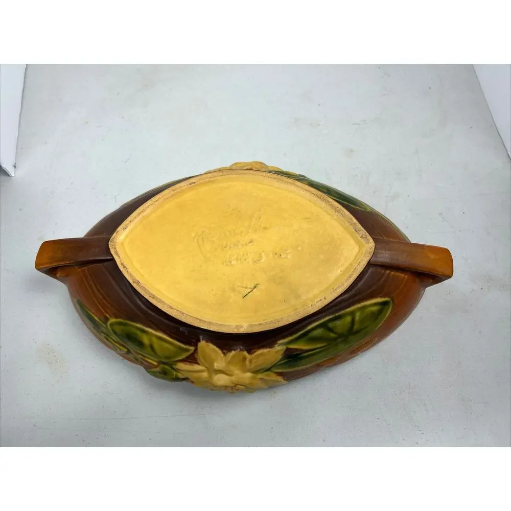 Vintage Roseville Pottery Console‎ Bowl Water Lily Brown 443-12 USA Beauty
